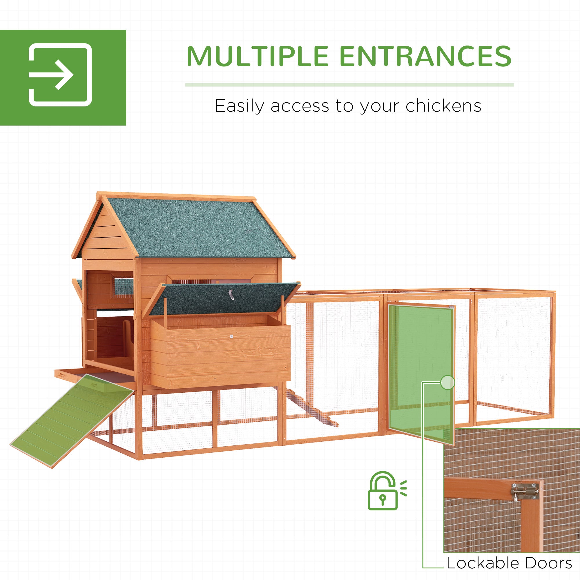 137" Chicken Coop for 8-10 Chickens, Large Chicken House, Wooden Poultry Hen Cage with Nesting Box - View 3