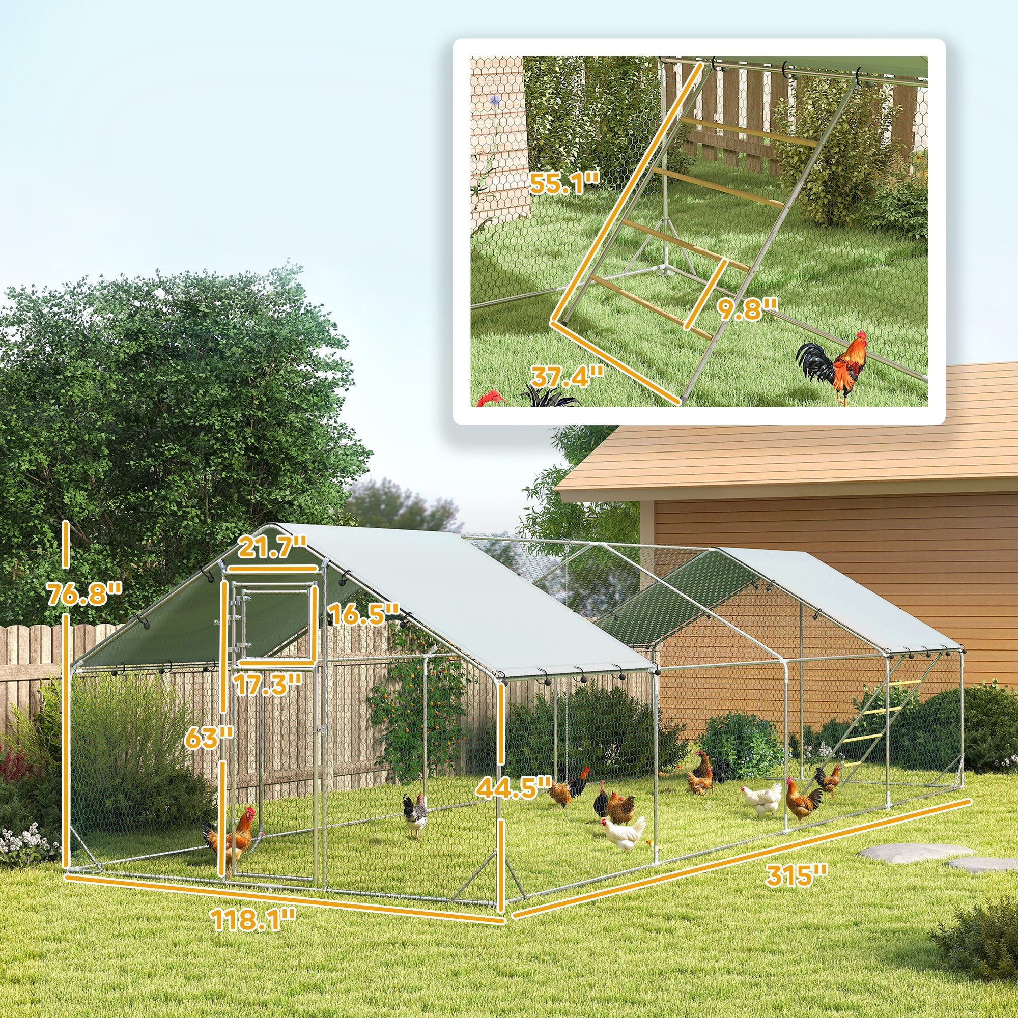 Metal Chicken Run w/ Waterproof & Anti-UV Cover, Feeding Door, Hanging Feeder, for 24-30 Chickens, - View 2