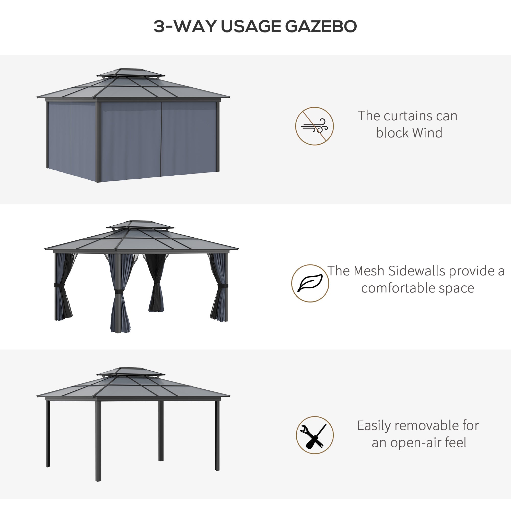 10' x 12' Hardtop Gazebo Canopy with Polycarbonate Roof, Aluminum Frame, Permanent Pavilion Outdoor - View 6