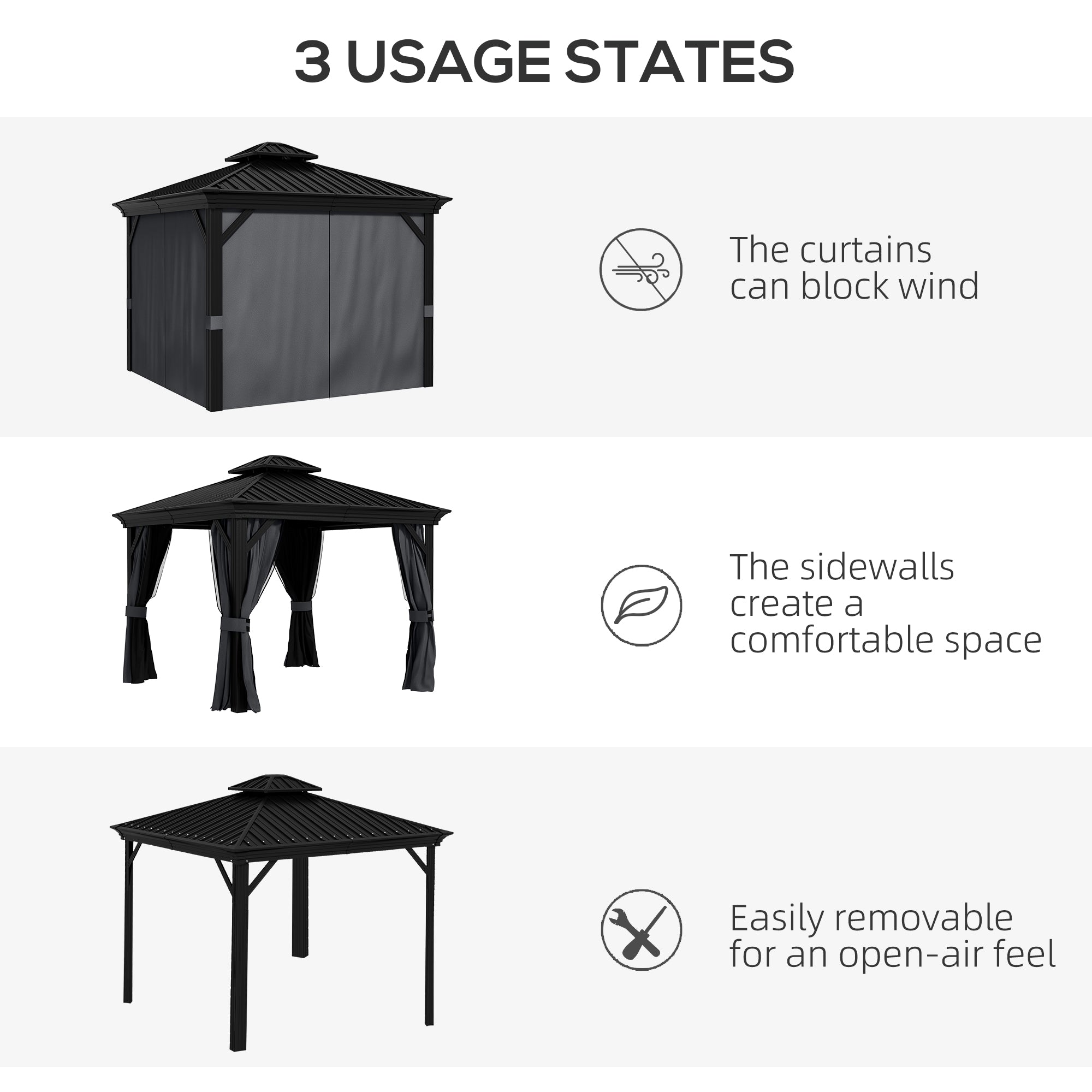 10' x 12' Hardtop Gazebo Permanent Pavilion w/ Double Roof Aluminum Frame Sidewalls for Patio - View 8