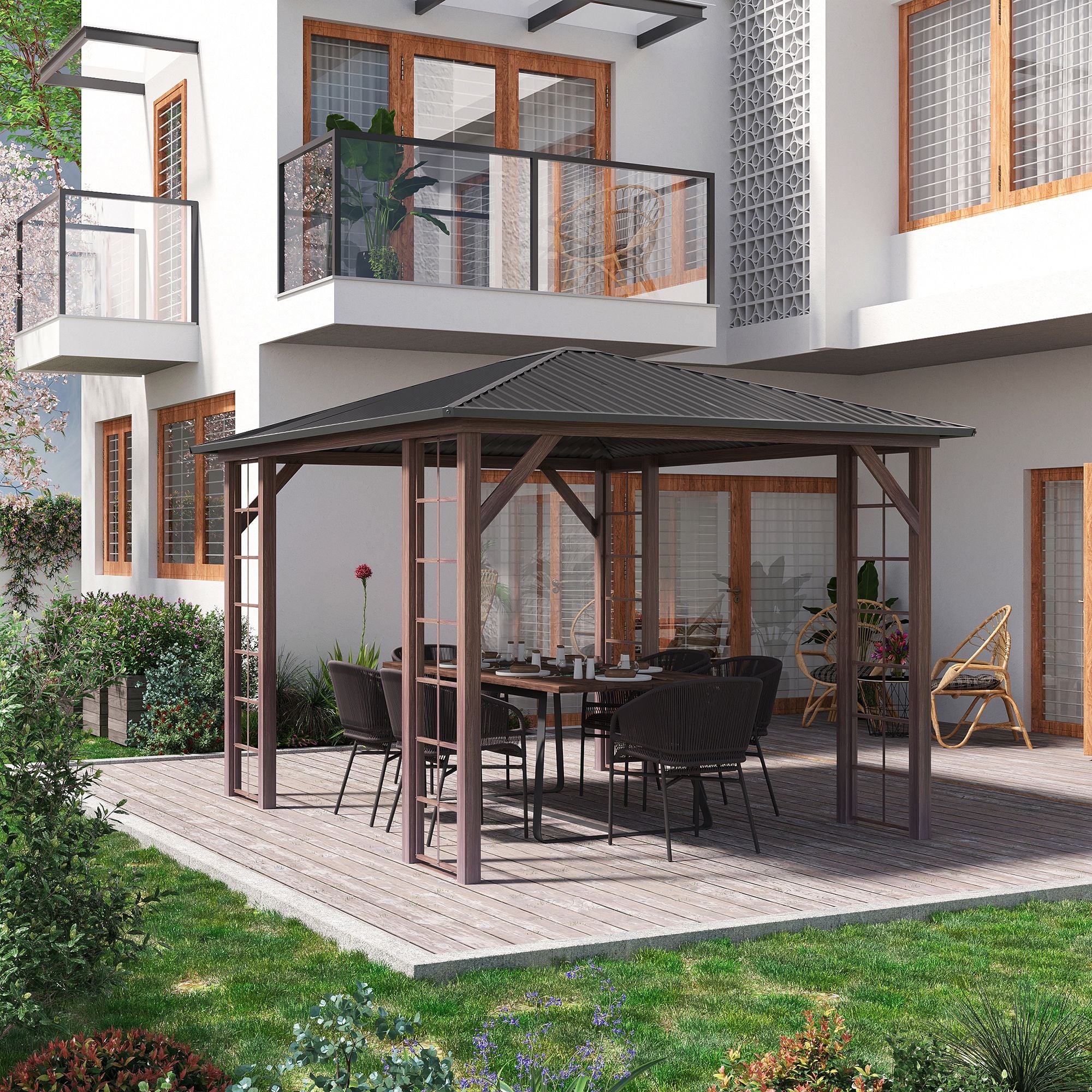 10' x 12' Hardtop Gazebo with Galvanized Steel Roof, Wood Grain Steel Frame, Heavy Duty Permanent - View 2