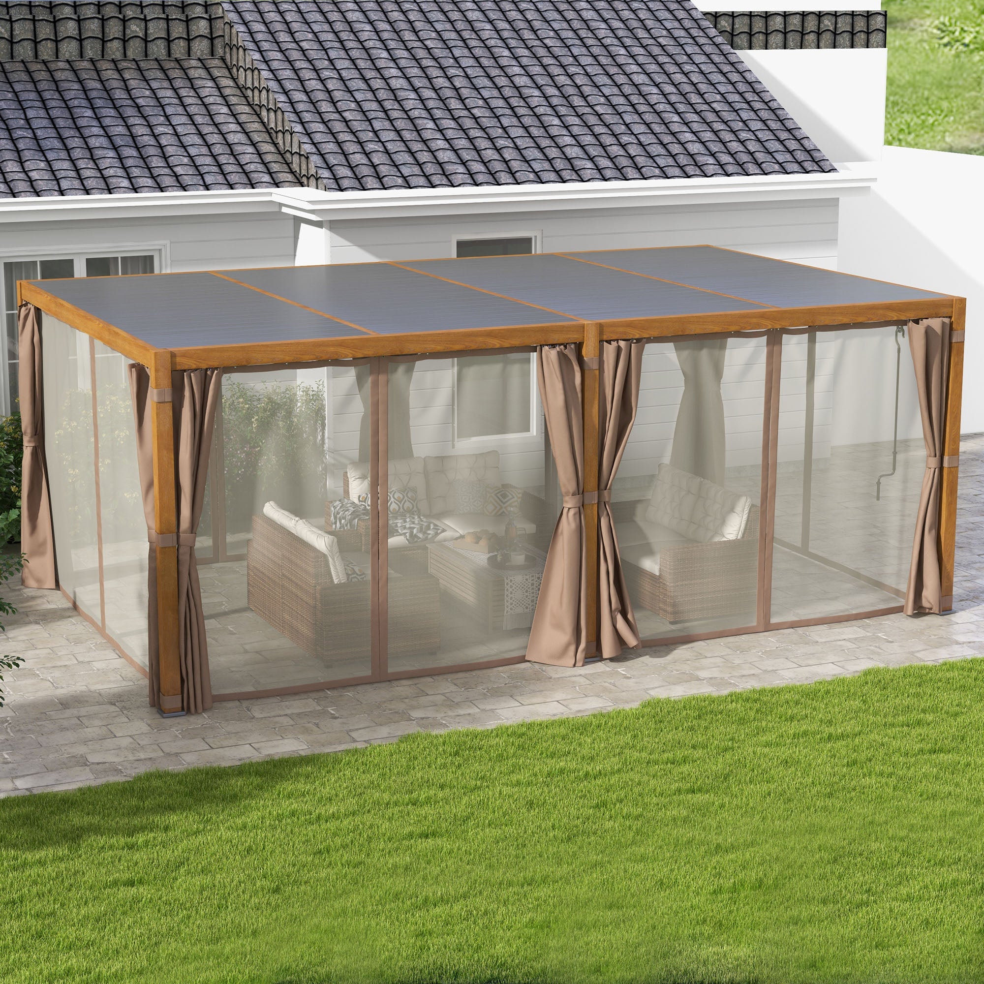 12' x 19' Aluminum Pergola with Adjustable Louvered, Outdoor Pergola with Curtains and Netting, - View 2