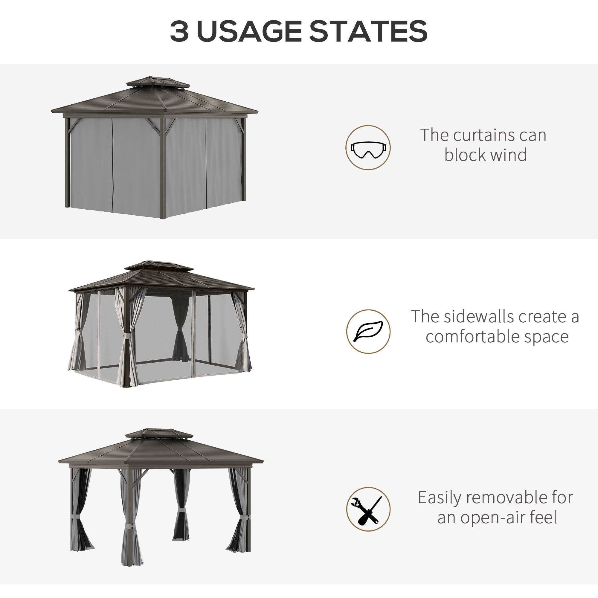 10' x 12' Hardtop Gazebo with Curtains and Netting, Permanent Pavilion Metal Double Roof Gazebo - View 7
