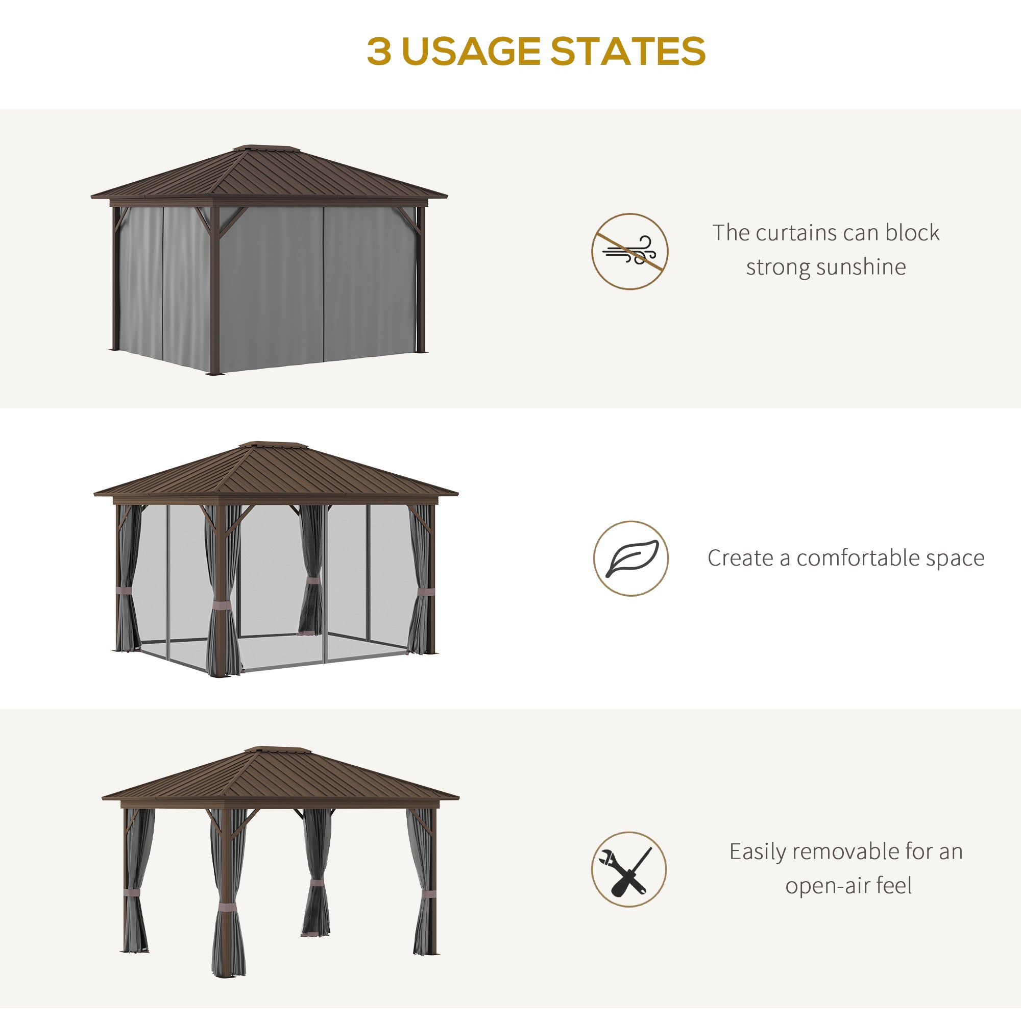 10' x 12' Hardtop Gazebo with Curtains and Netting, Permanent Pavilion Metal Single Roof Gazebo - View 7