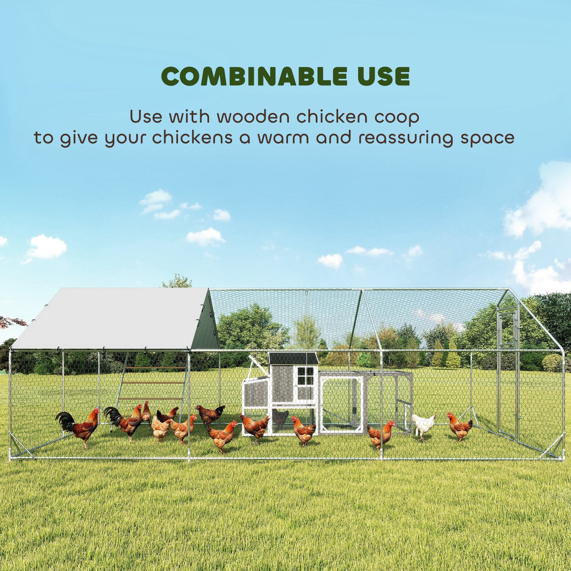 Metal Chicken Run w/ Waterproof & Anti-UV Cover, Feeding Door, Hanging Feeder, for 18-24 Chickens, - View 4