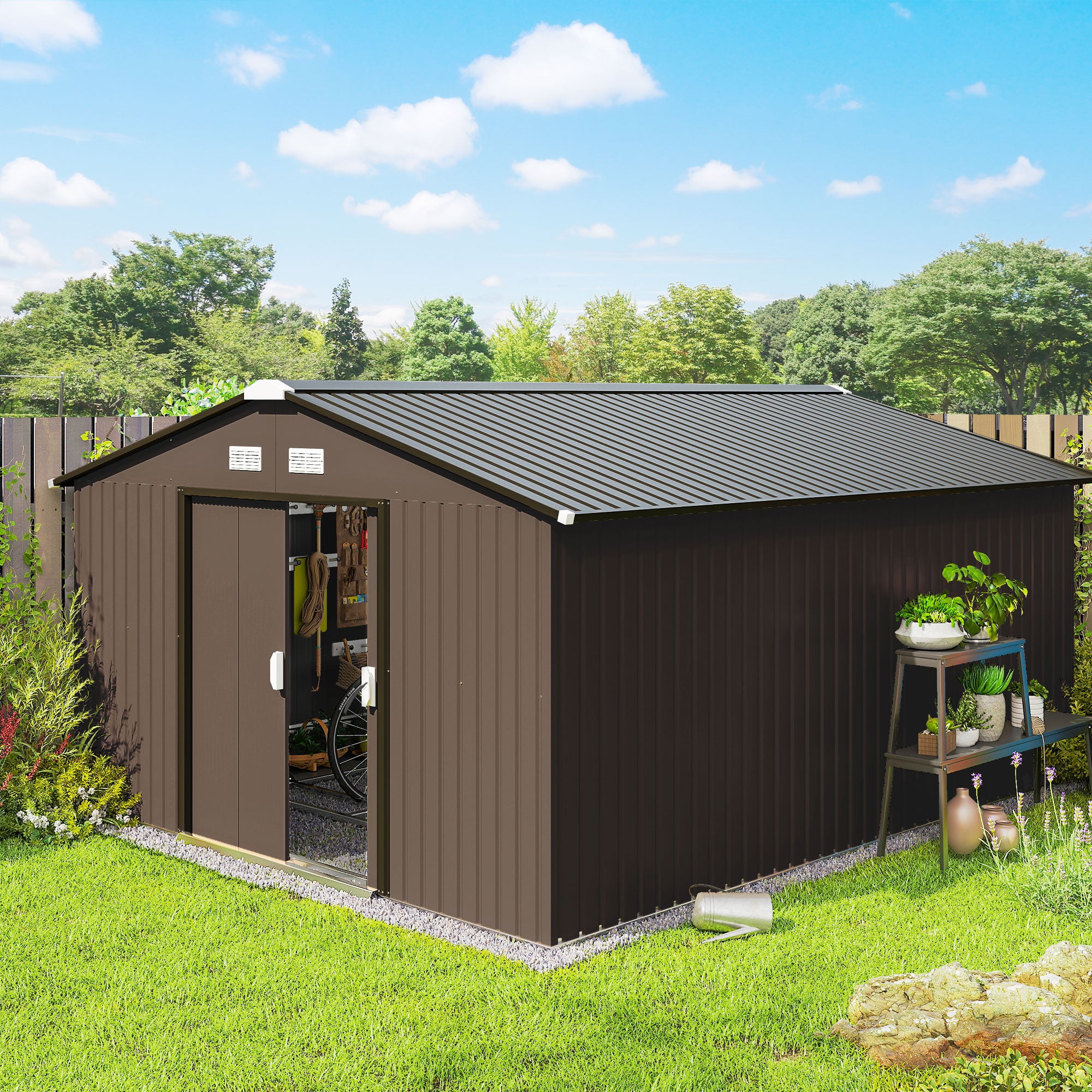 Metal Large Shed with Double Locking Doors Sloped Roof for Garden Tool, Bike Storage, Brown - View 2