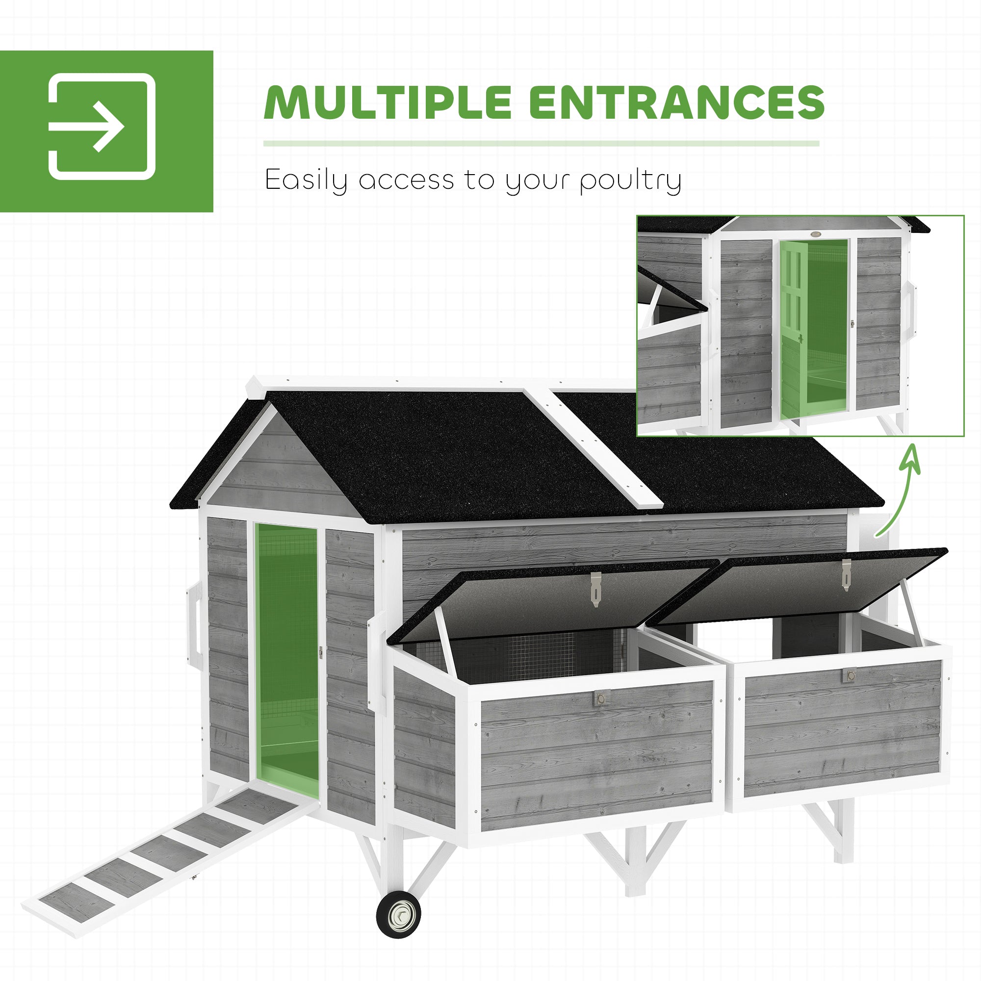 59" Wooden Chicken Coop w/ Wheels, Handles, 2 Nesting Boxes, 2 Trays, 4 Perches, Chicken Tractor - View 5