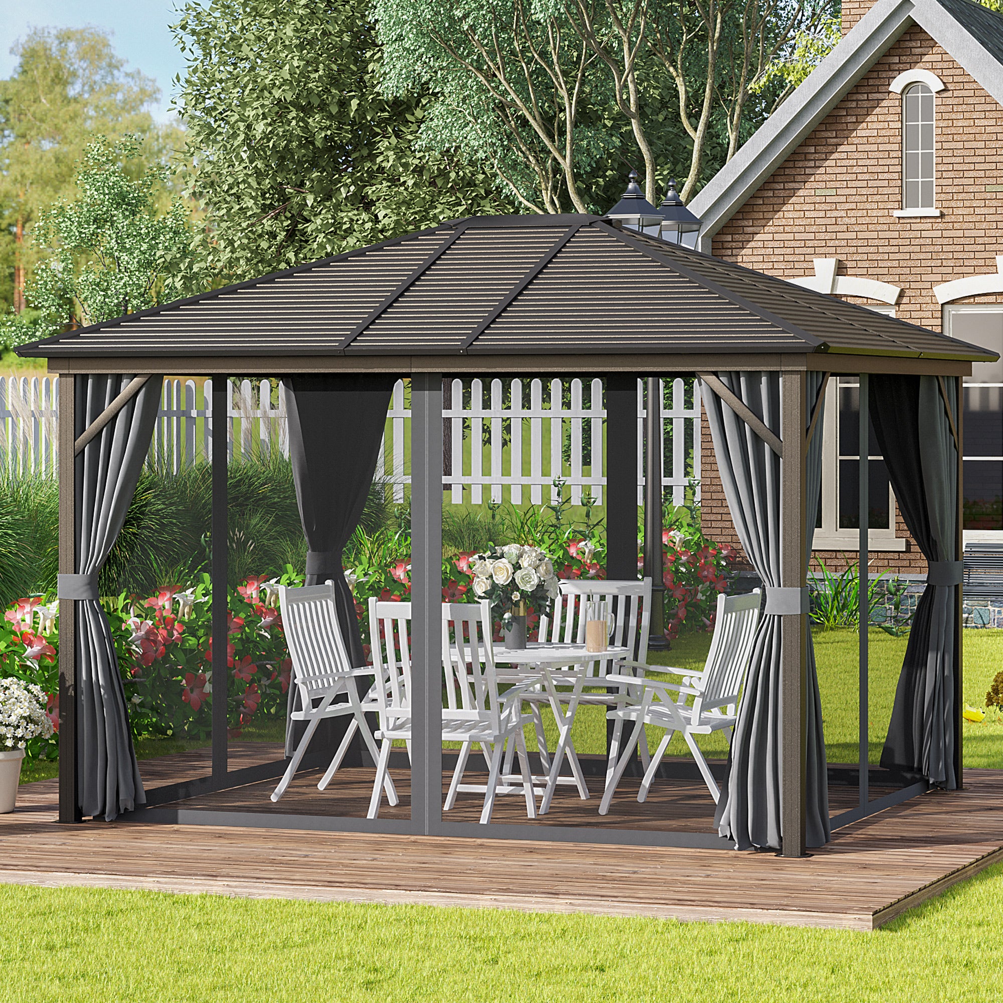 10' x 12' Hardtop Gazebo with Curtains and Netting, Gazebo Canopy with Aluminum Frame and Hooks, - View 2